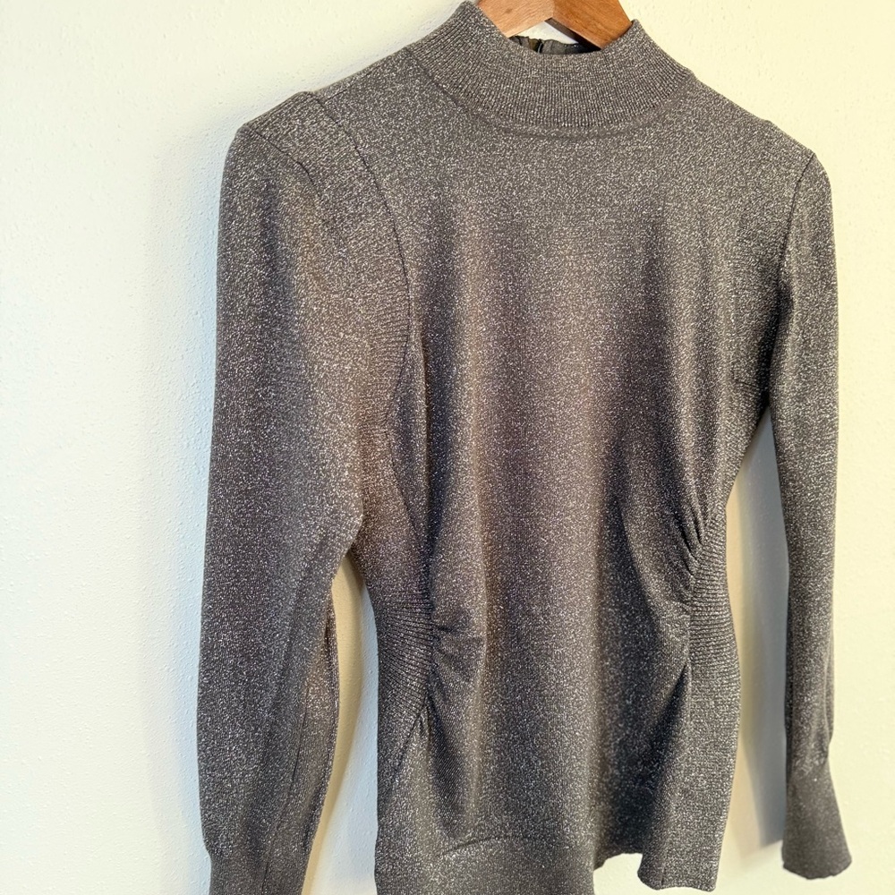 Cache Silver Metallic Mock Neck Knit Sweater Top Shimmer Size L